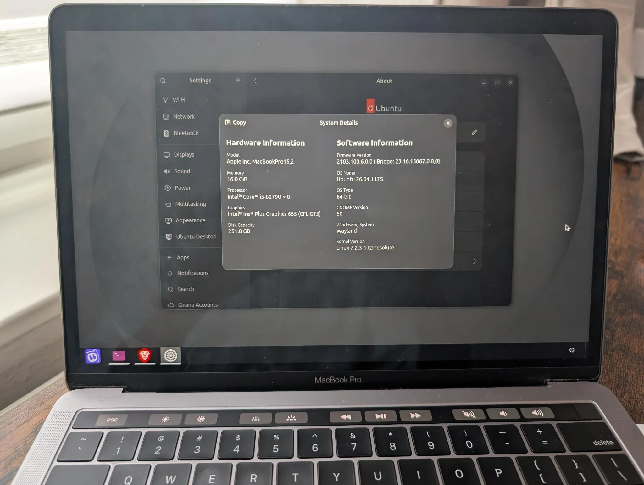 My 2019 Intel MacBook Pro running Ubuntu, with the system details open