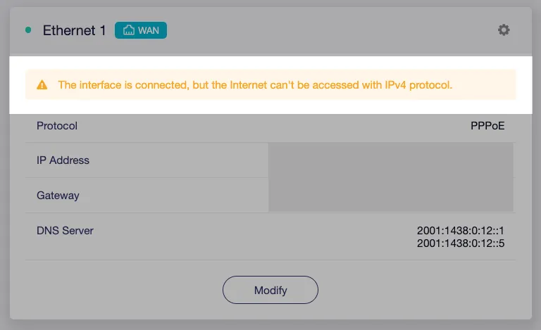 GL.iNet interface showing the misleading IPv4 warning